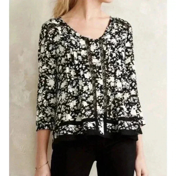 Maeve Anthropologie Shirt Long Sleeve Black Floral Blouse 0 XS Lace Pleated Boho - Picture 4 of 4